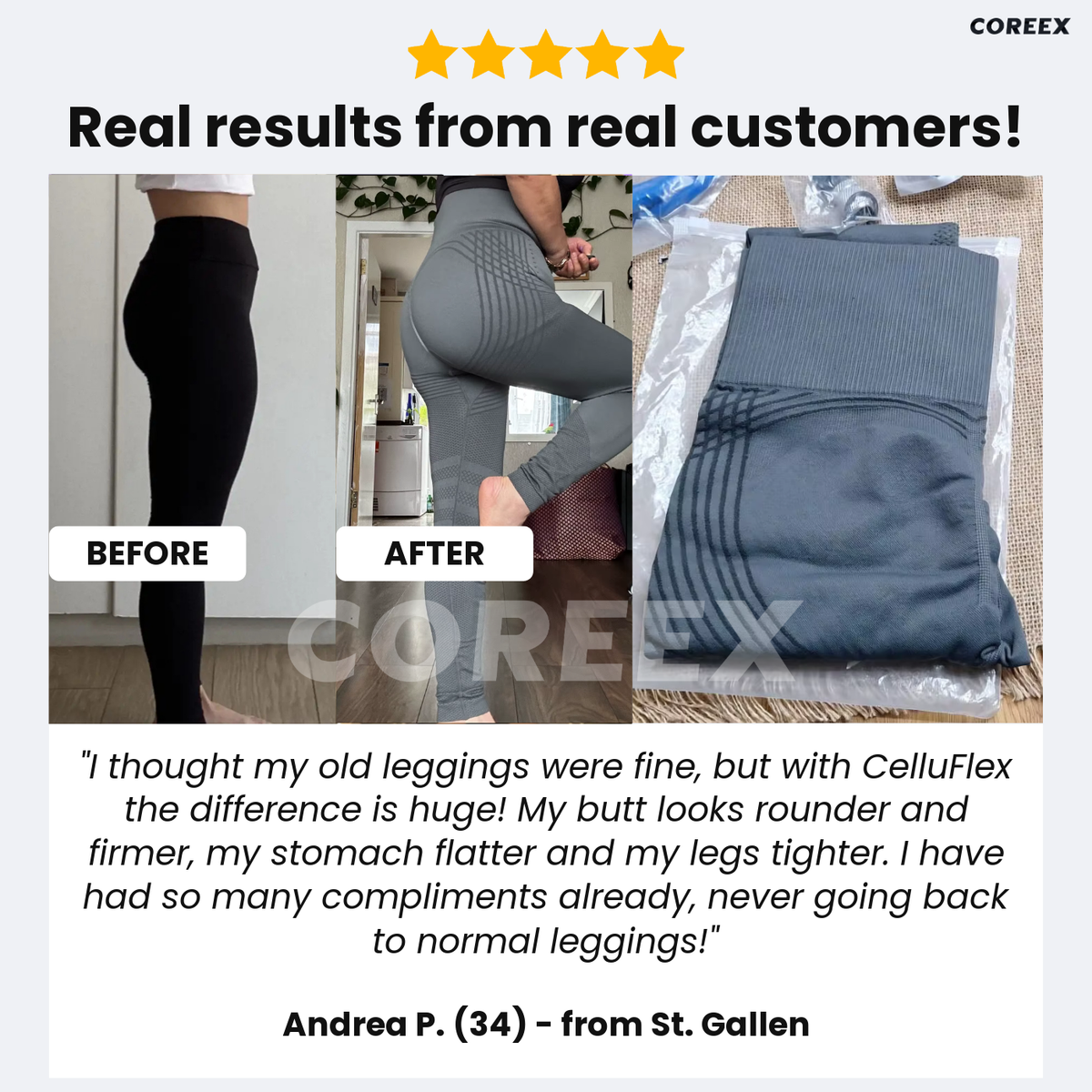 Andrea P. before and after wearing CelluFlex