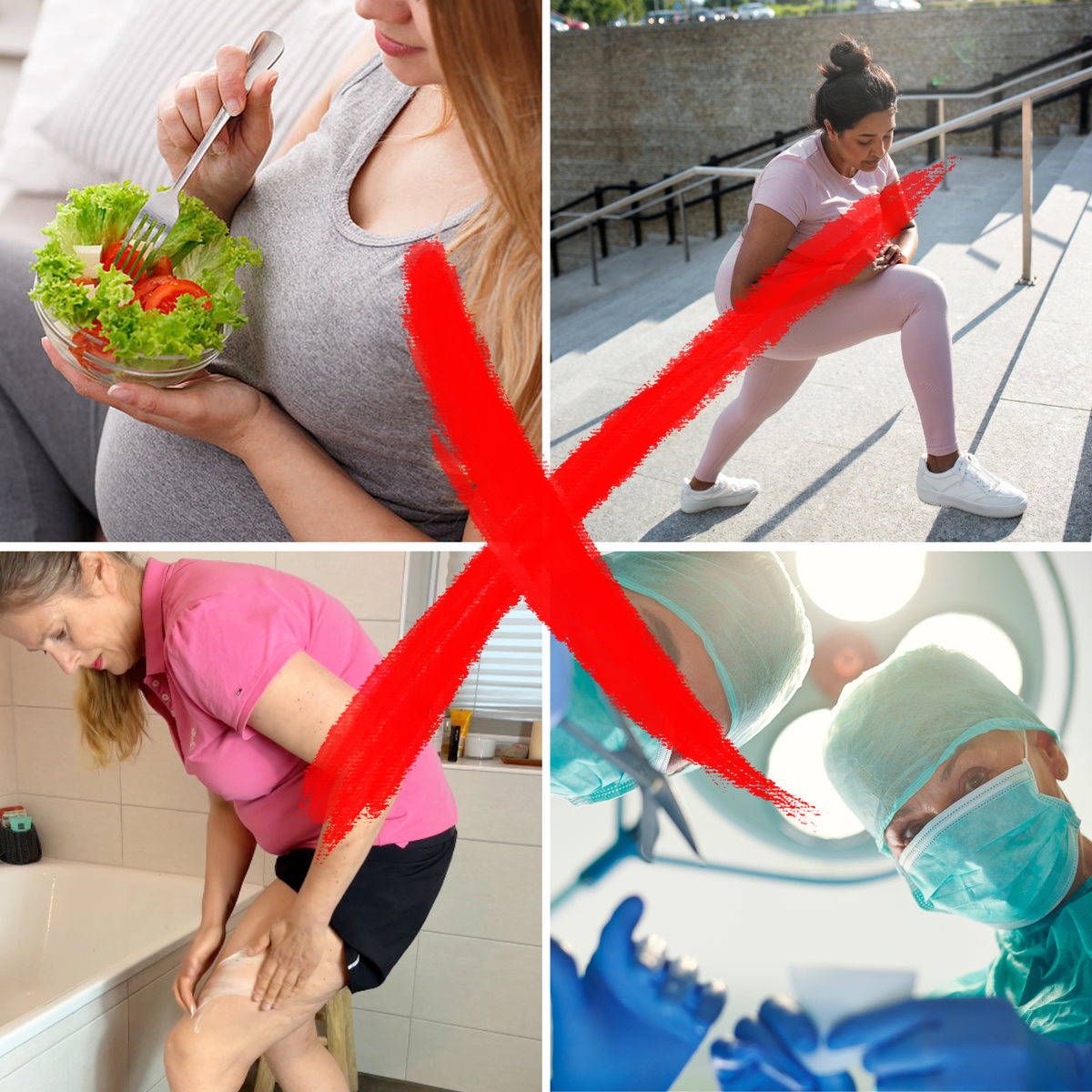 Diets, exercise, massage and surgery crossed out