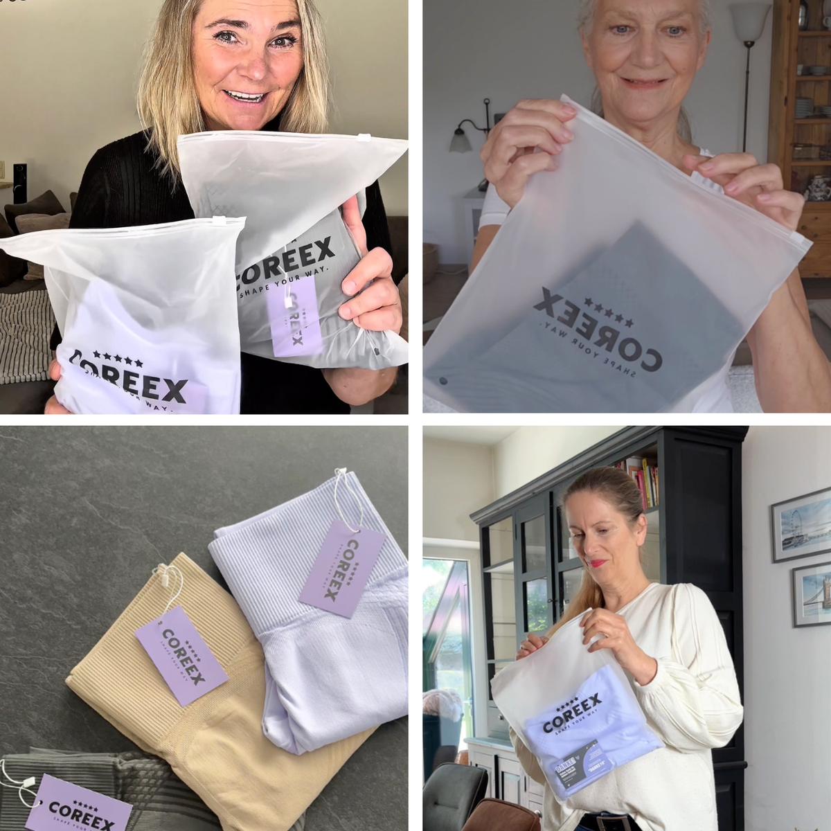 Four customers unboxing their leggings