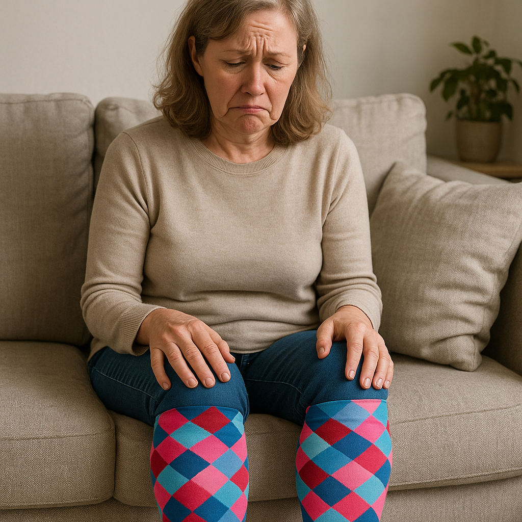Woman in patterned compression stockings