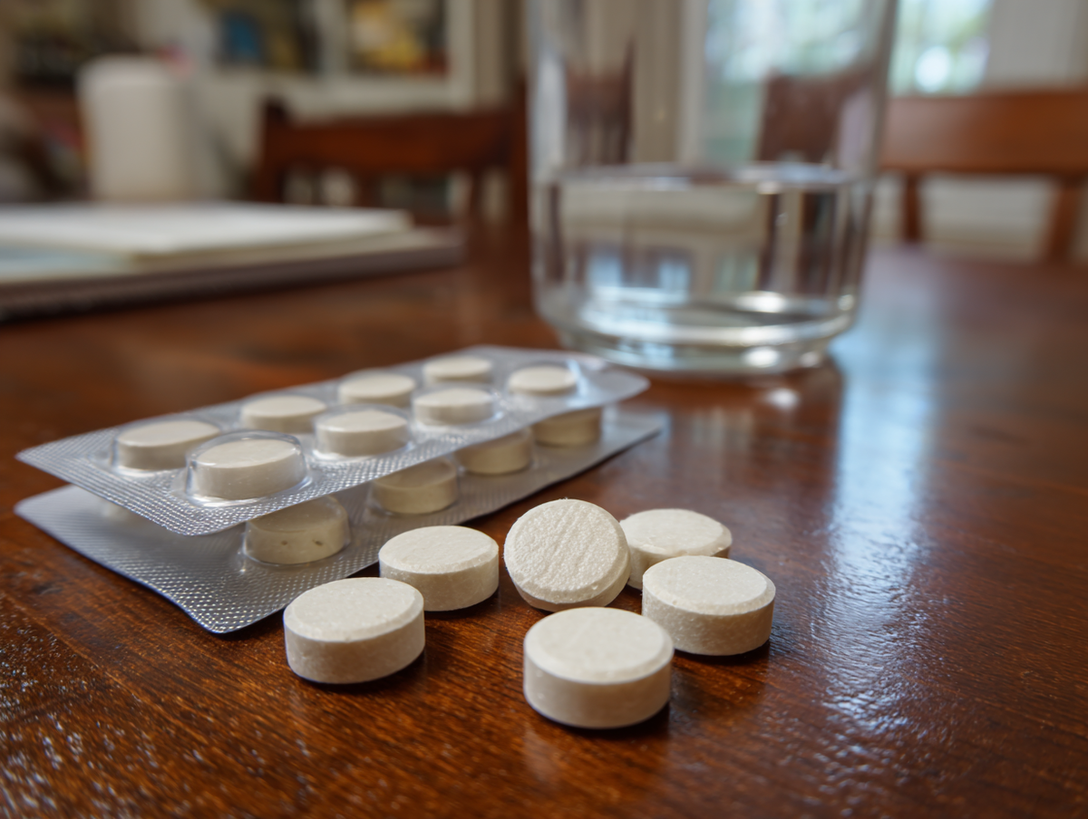 Blister pack of tablets and a glass of water