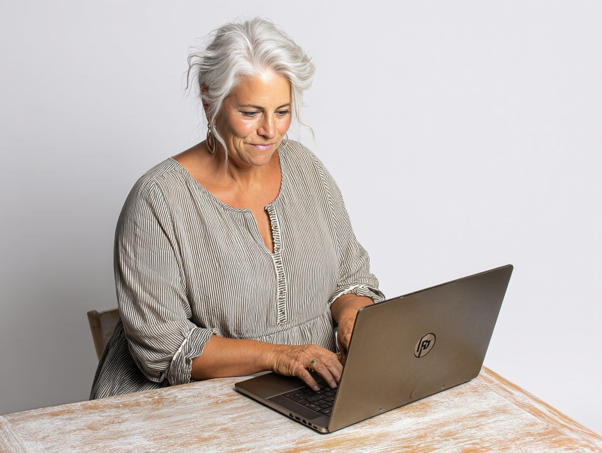 Woman researching lipedema at her laptop