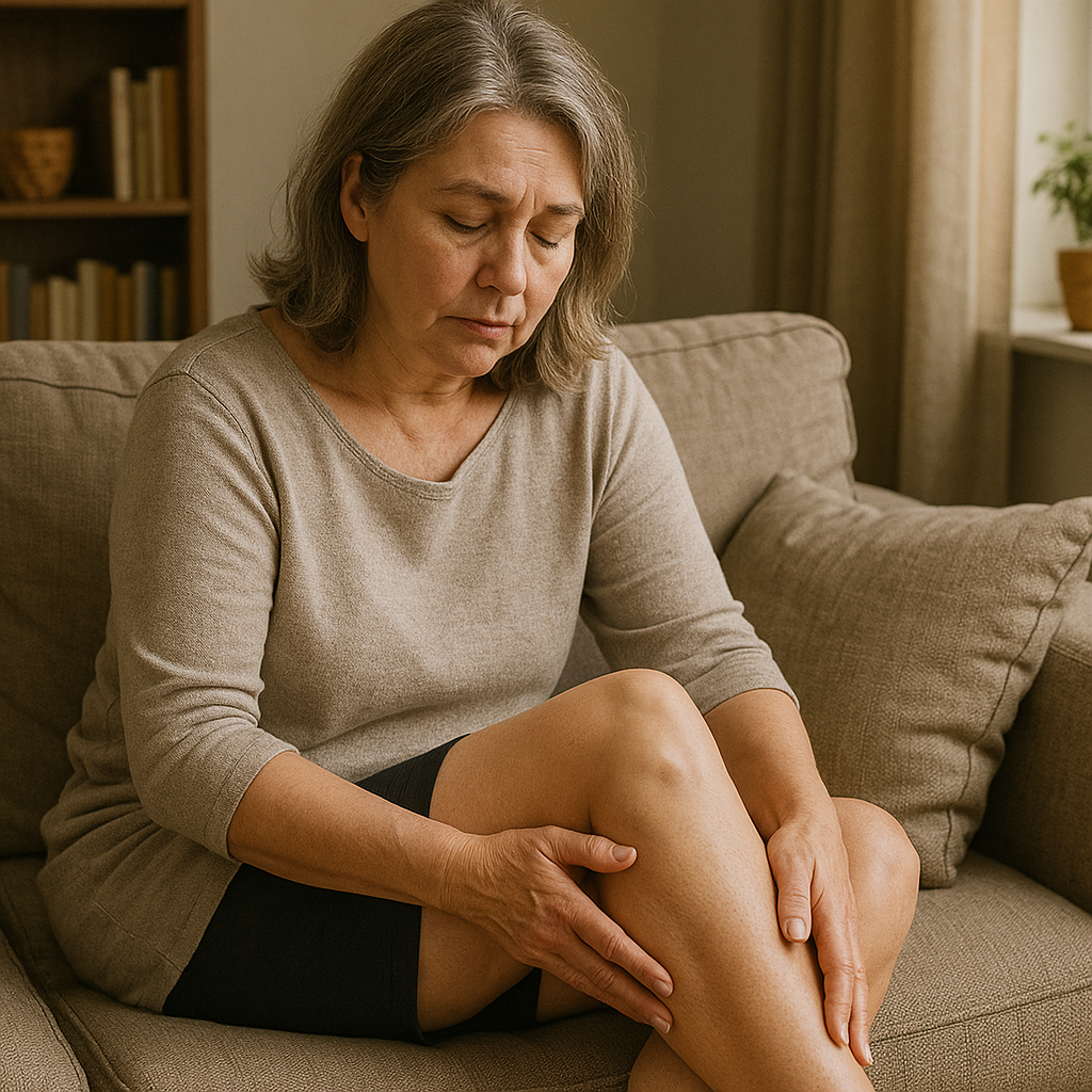 Woman sitting on a sofa holding her leg